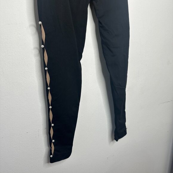 Wolford Sexy Black Linda Leggings Open Side Slit Tan & Pearl Embellishment Small - Picture 7 of 12